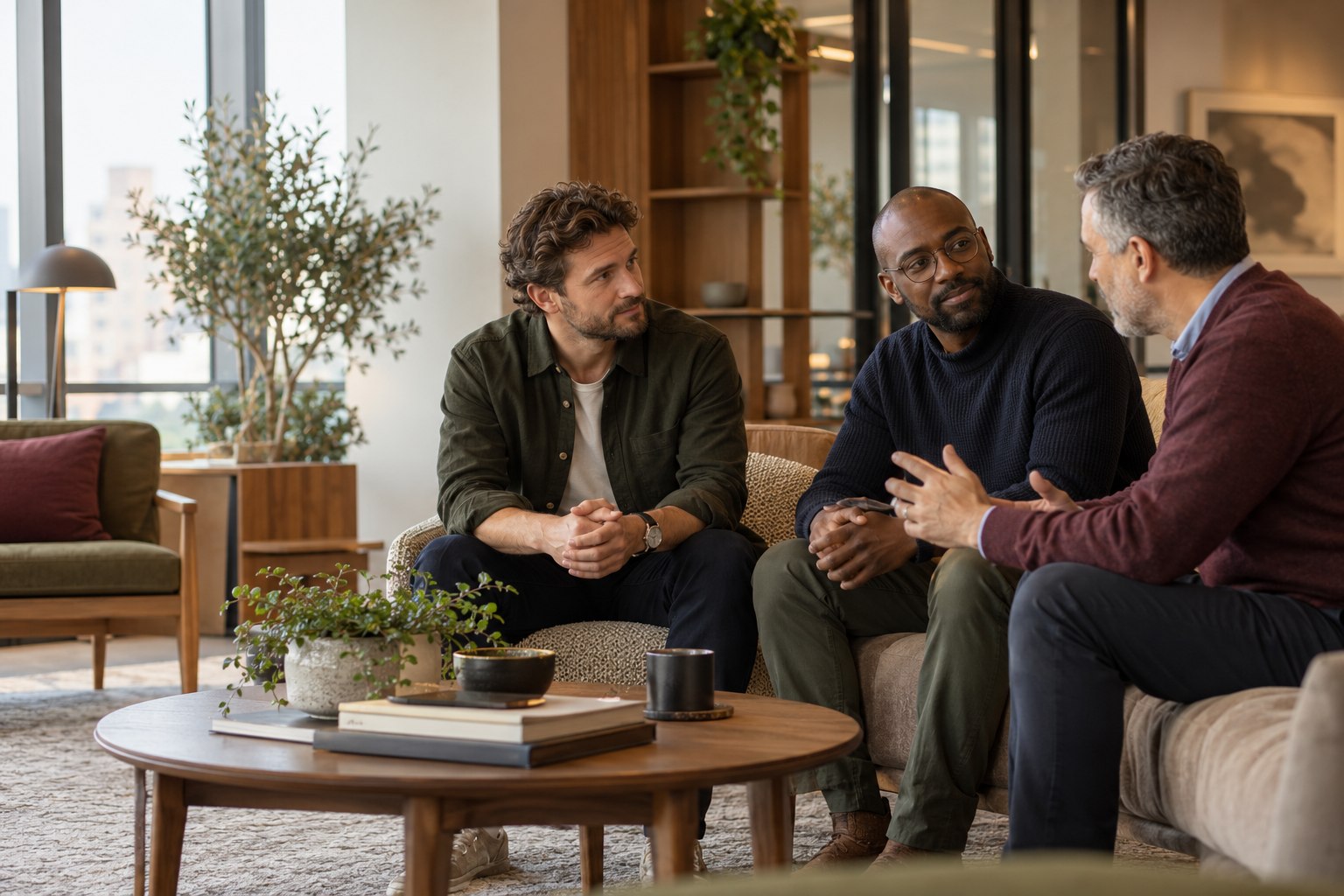 Male colleagues having a supportive conversation at work