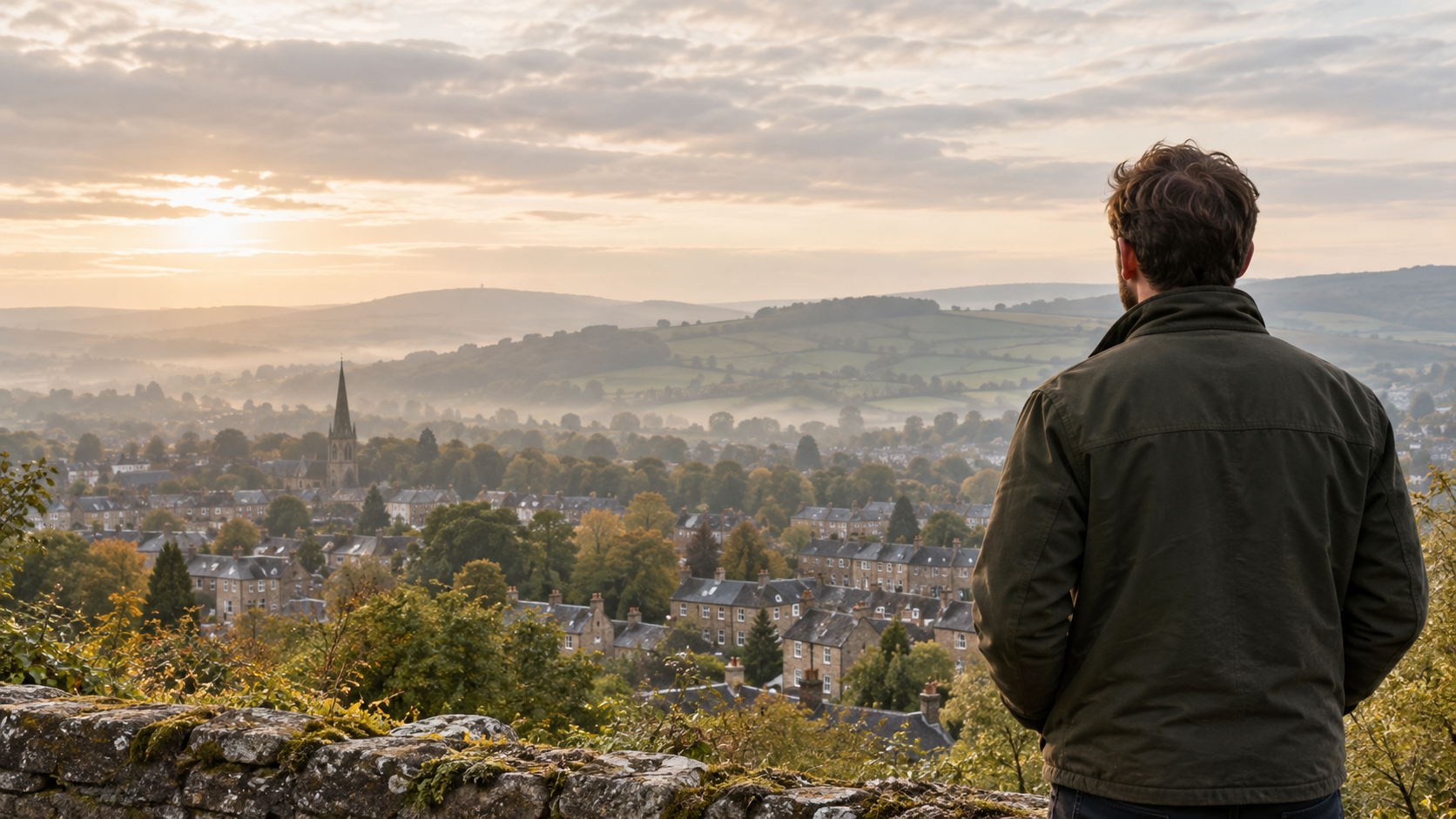 A man looking across a town and green hills